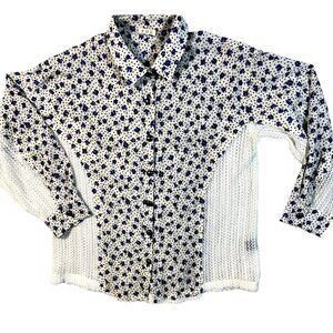 Womens POL‎ Anthropologie Floral S Open Knit Blouse Blue White Floral Oversized
